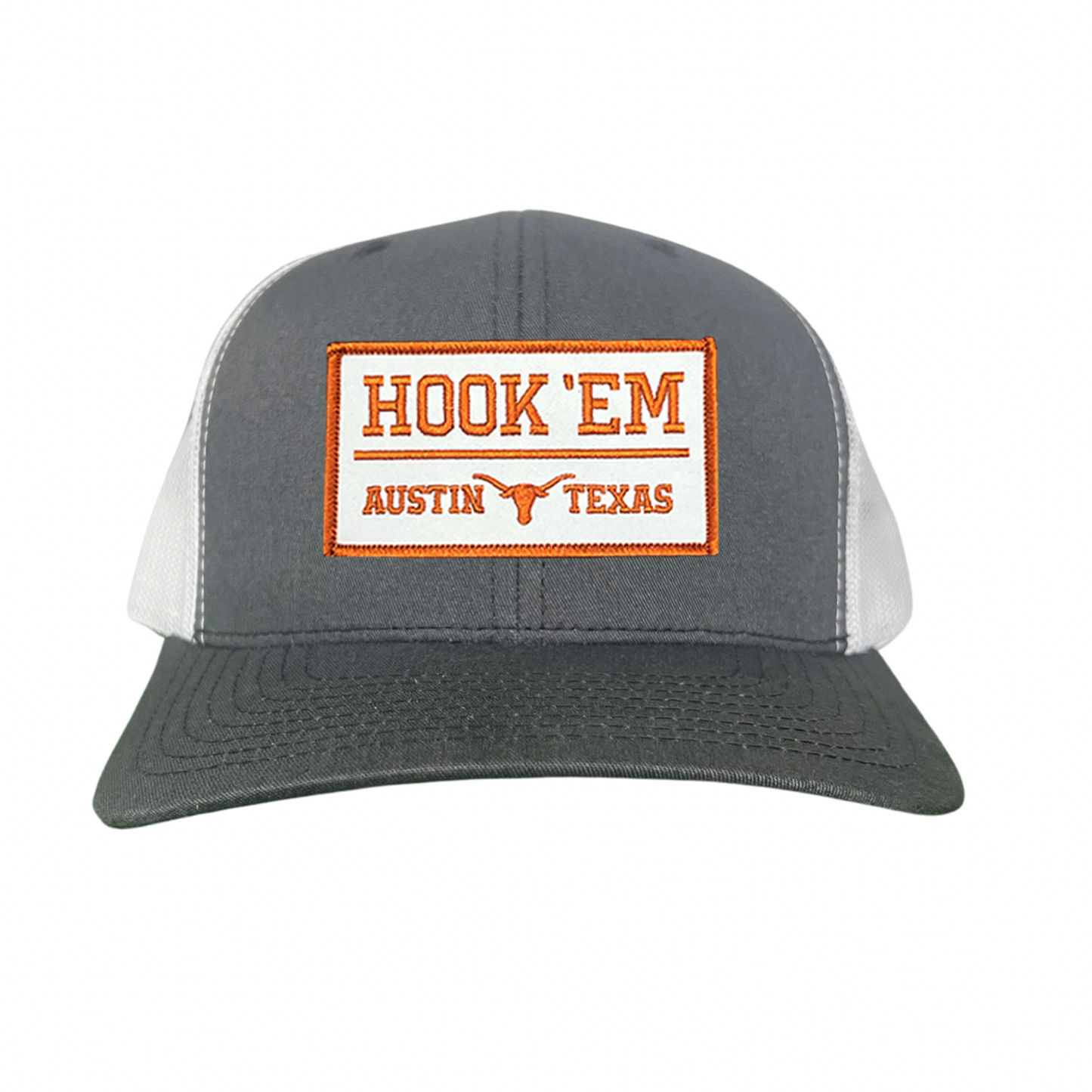 Texas Longhorns HOOK'EM Austin Texas / White - Burnt Orange Rectangle Patch / Hats / 111 / UT9097w / MM