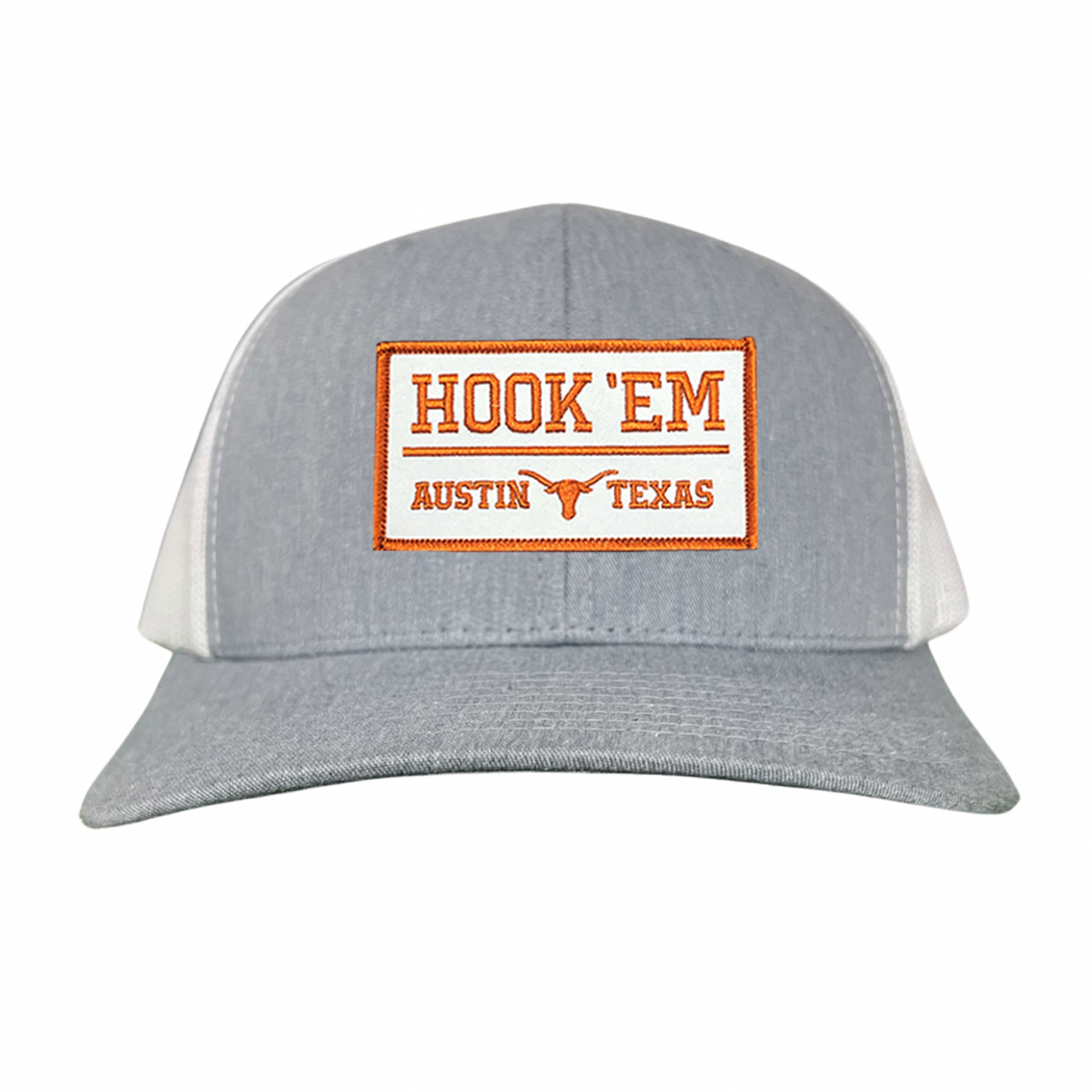 Texas Longhorns HOOK'EM Austin Texas / White - Burnt Orange Rectangle Patch / Hats / 111 / UT9097w / MM