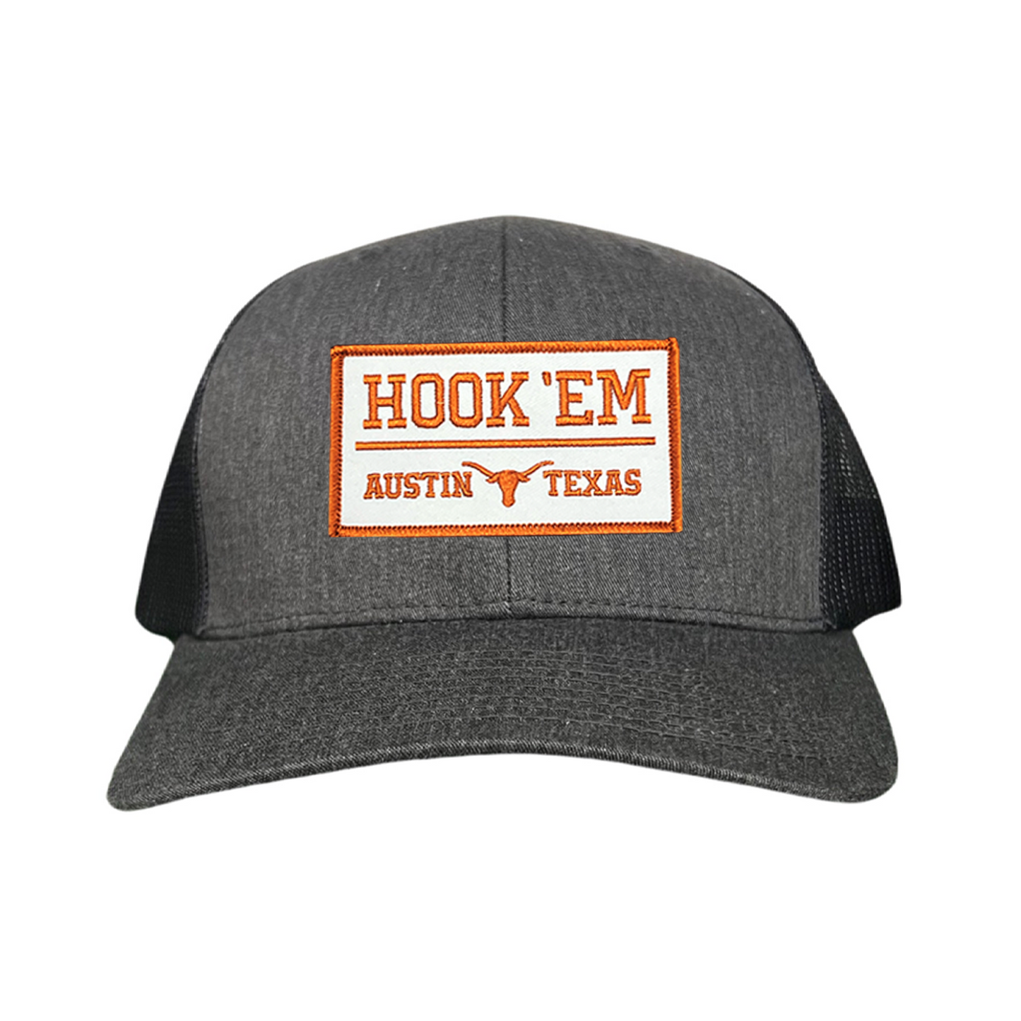 Texas Longhorns HOOK'EM Austin Texas / White - Burnt Orange Rectangle Patch / Hats / 111 / UT9097w / MM