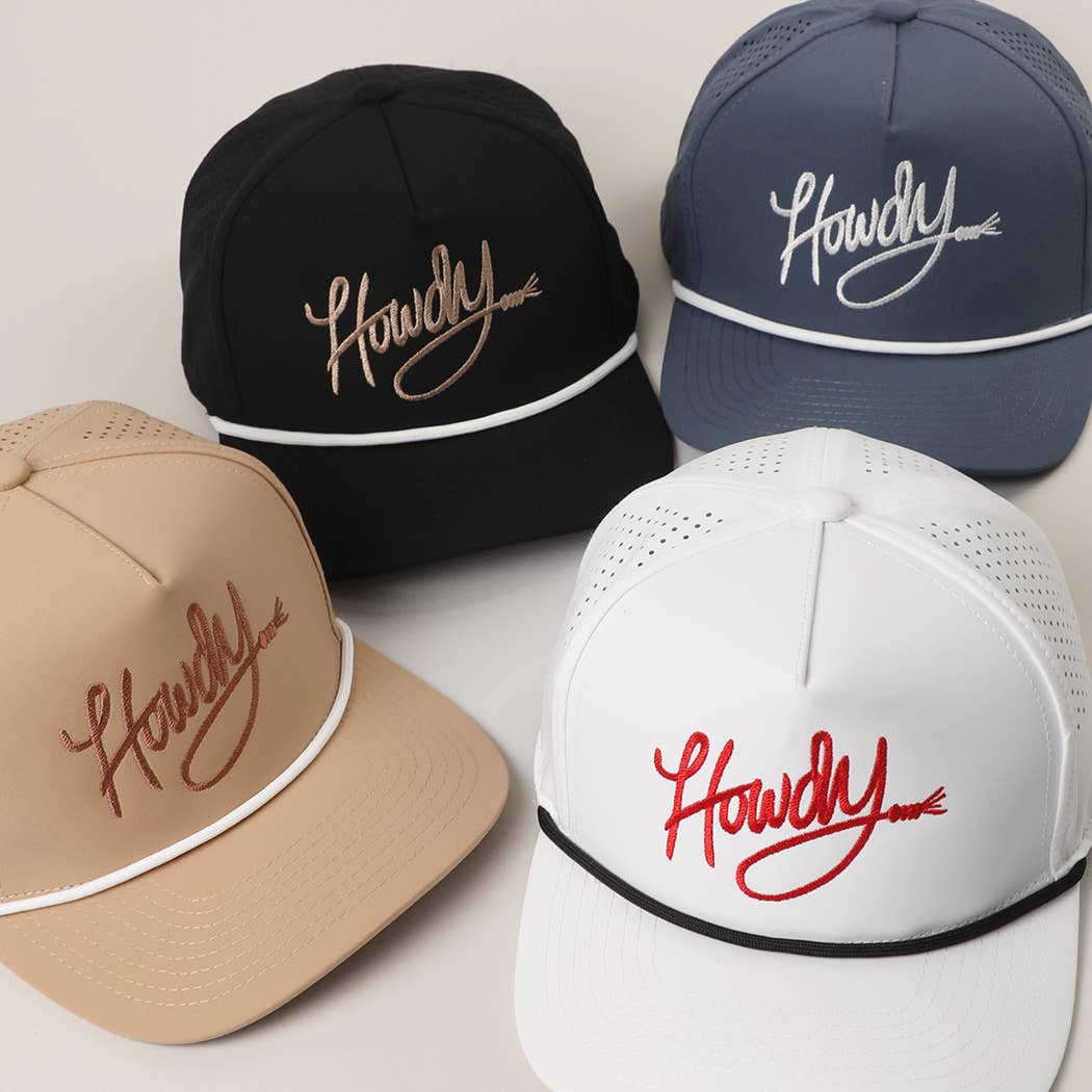 Howdy Embroidered Premium Materials Rope Strap Trucker Hat: BLACK/BEIGE / One Size