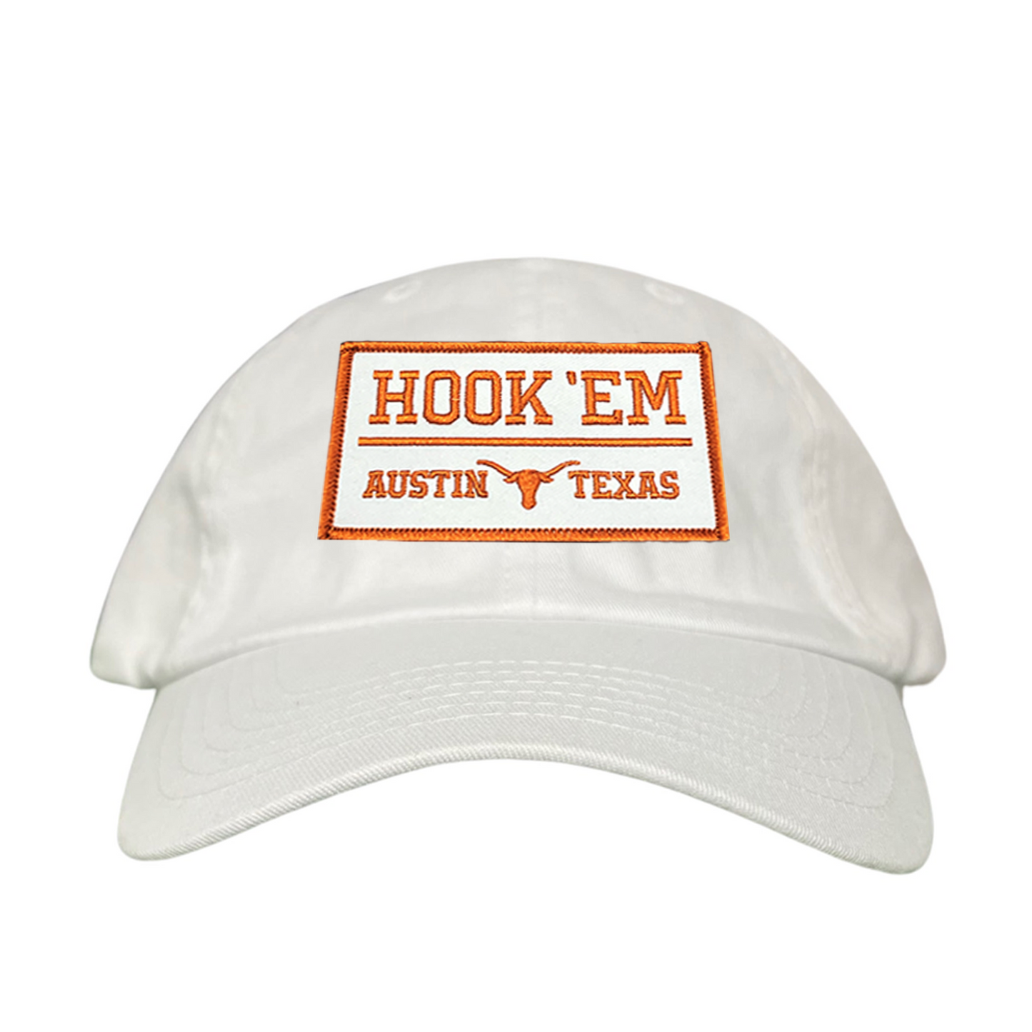 Texas Longhorns HOOK'EM Austin Texas / White - Burnt Orange Rectangle Patch / Hats / 111 / UT9097w / MM