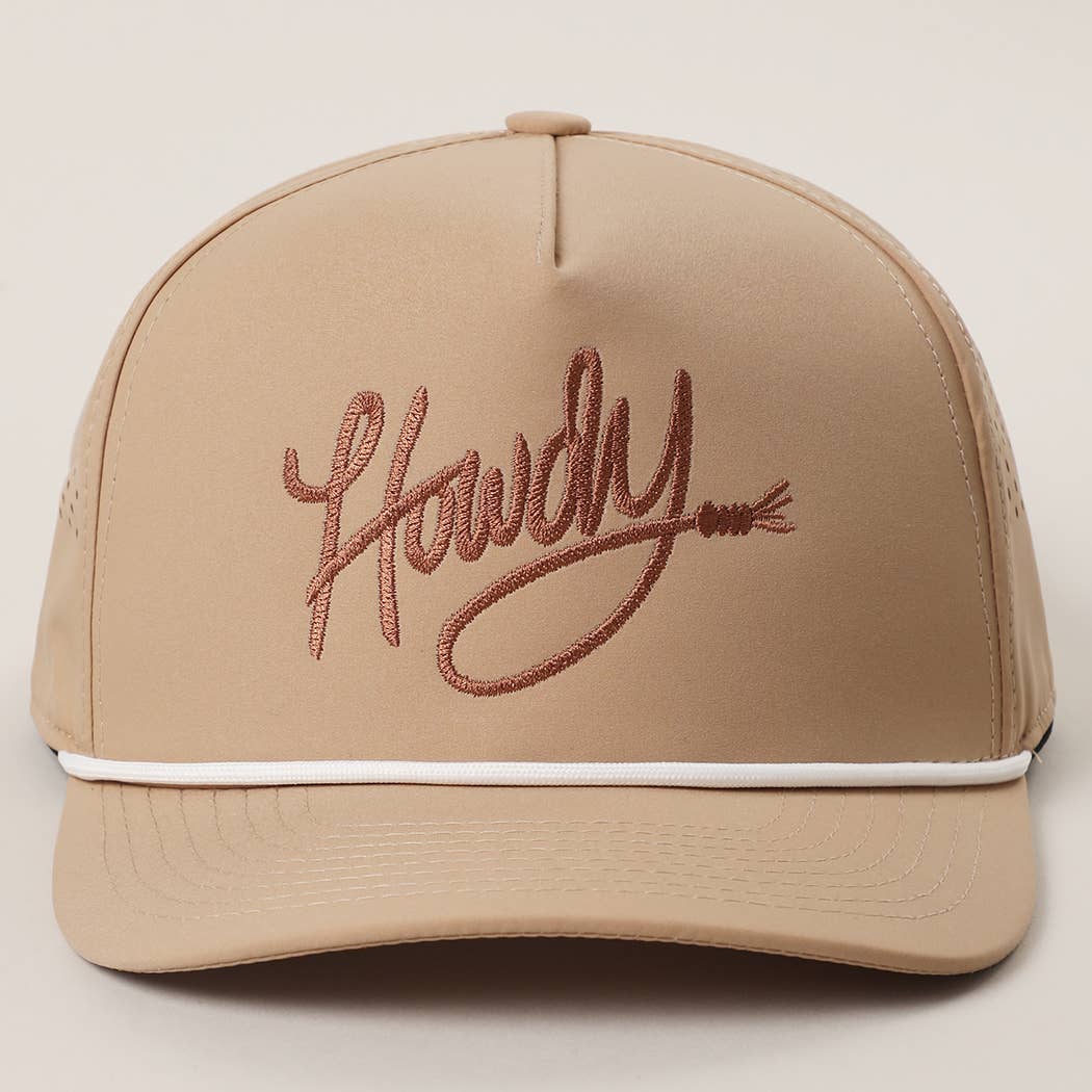 Howdy Embroidered Premium Materials Rope Strap Trucker Hat: BLACK/BEIGE / One Size