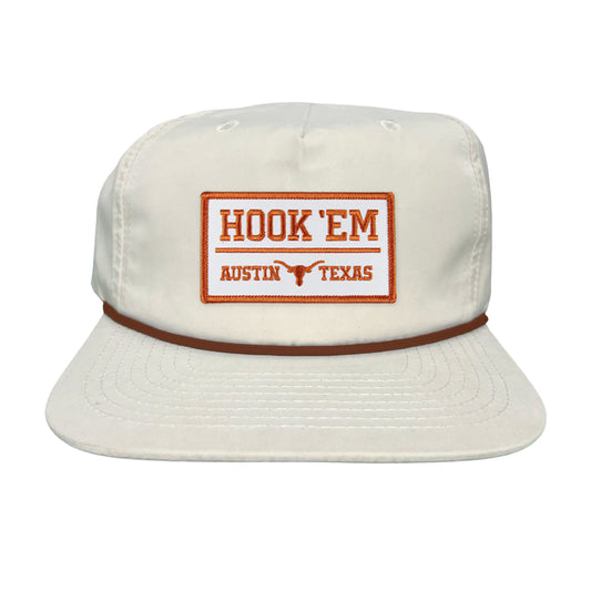 Texas Longhorns HOOK'EM Austin Texas / White - Burnt Orange Rectangle Patch / Hats / 111 / UT9097w / MM