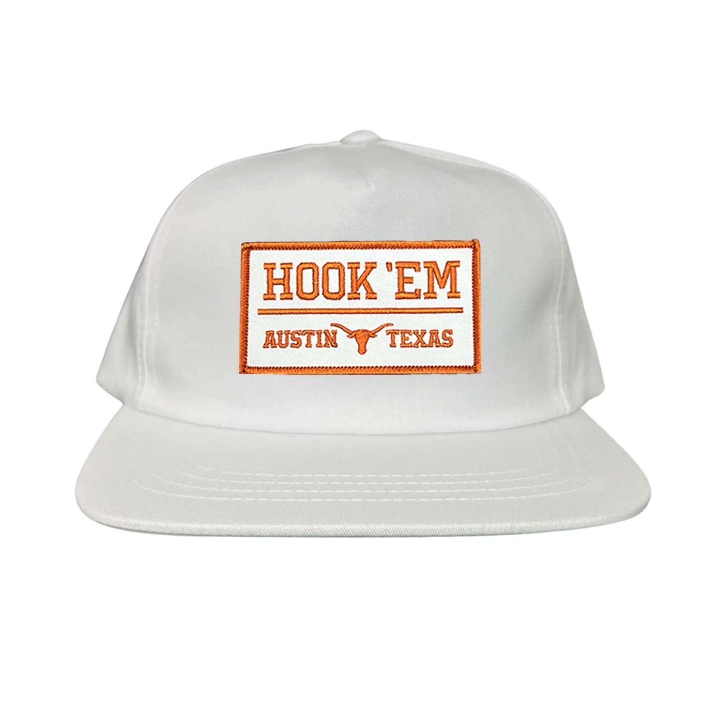 Texas Longhorns HOOK'EM Austin Texas / White - Burnt Orange Rectangle Patch / Hats / 111 / UT9097w / MM