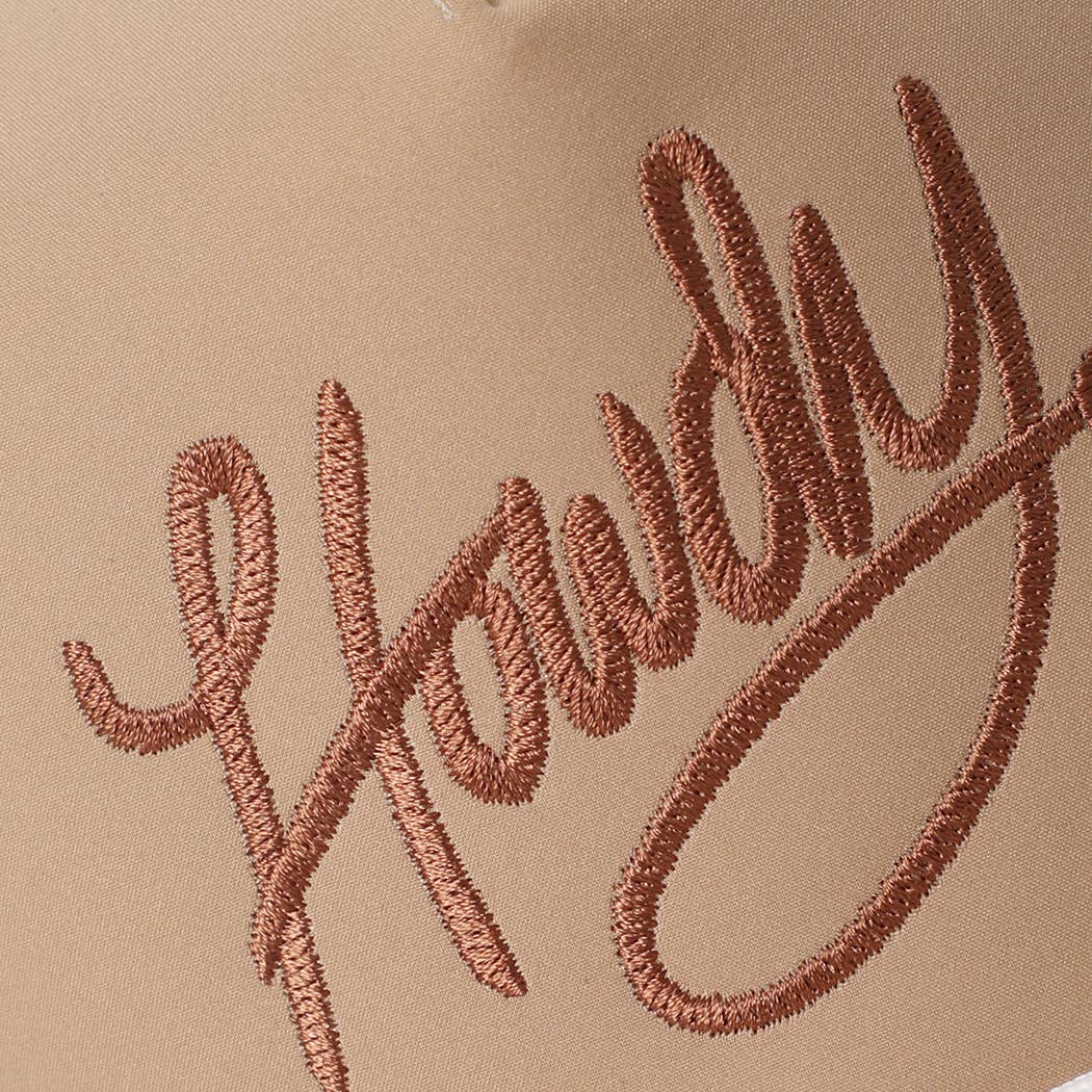 Howdy Embroidered Premium Materials Rope Strap Trucker Hat: BLACK/BEIGE / One Size