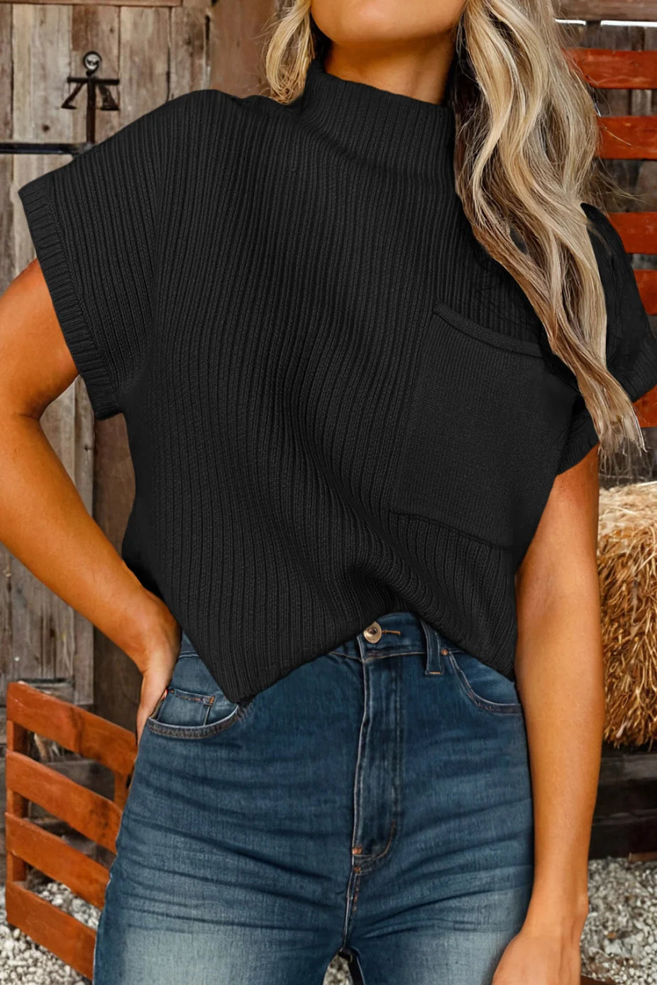 Black Fall Patch Pocket Rib Knit Short Sleeve Sweater