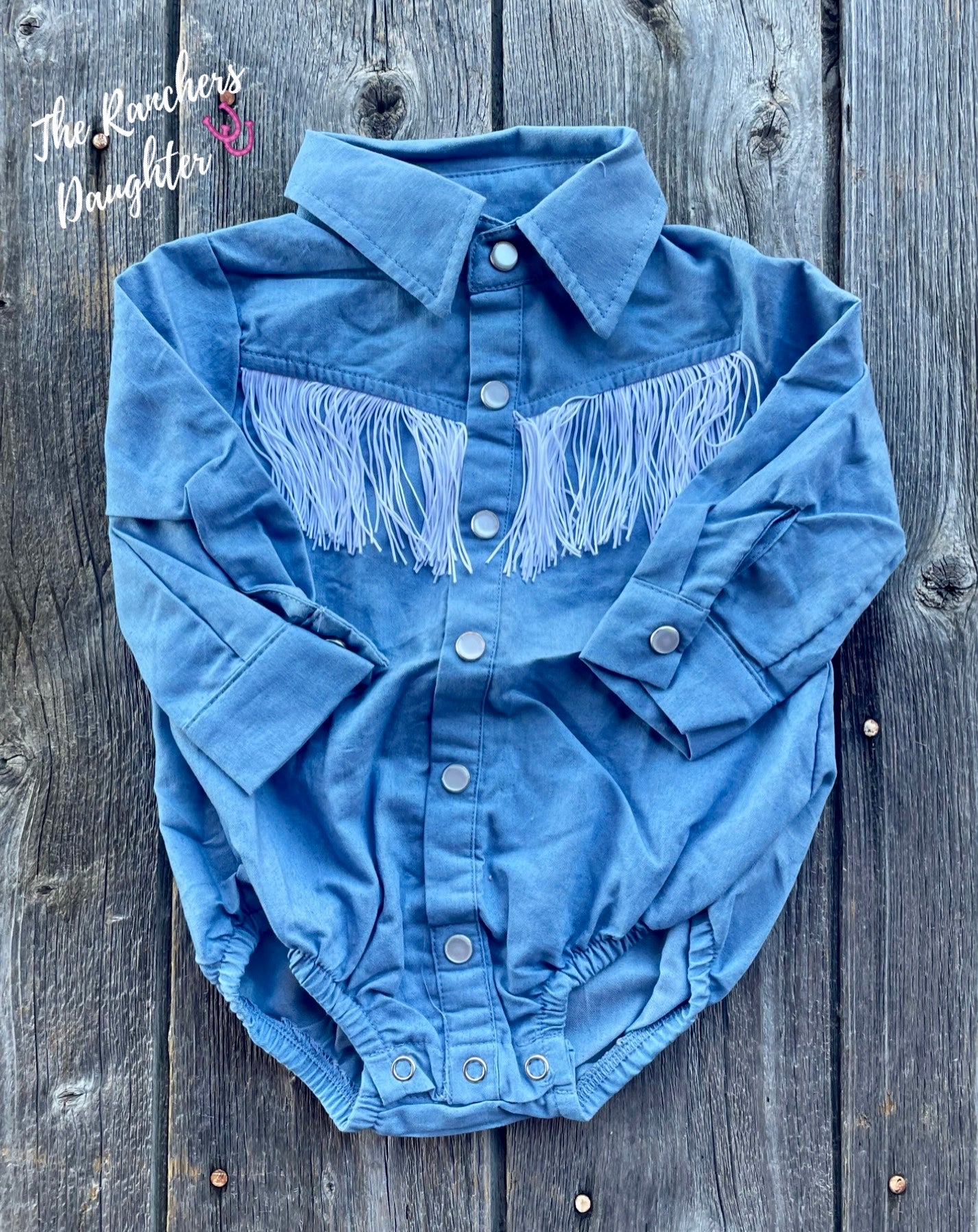 Shea Baby Denim Fringe Pearl Snap Onesie