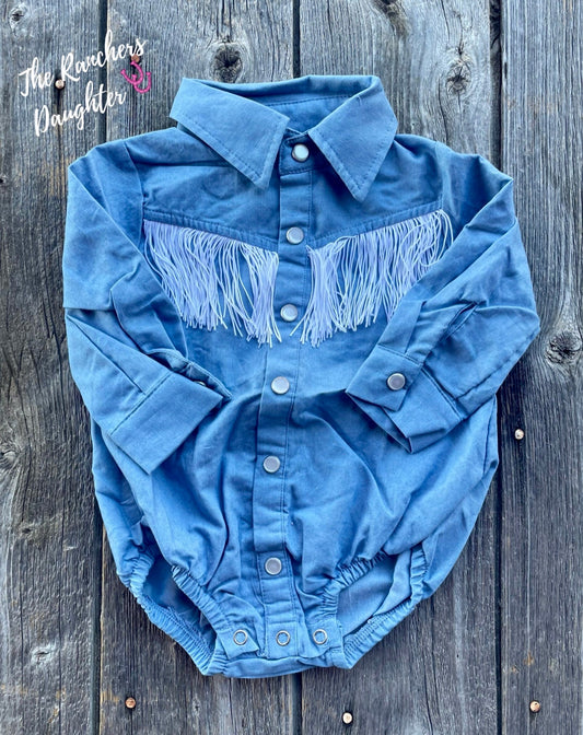 Shea Baby Denim Fringe Pearl Snap Onesie