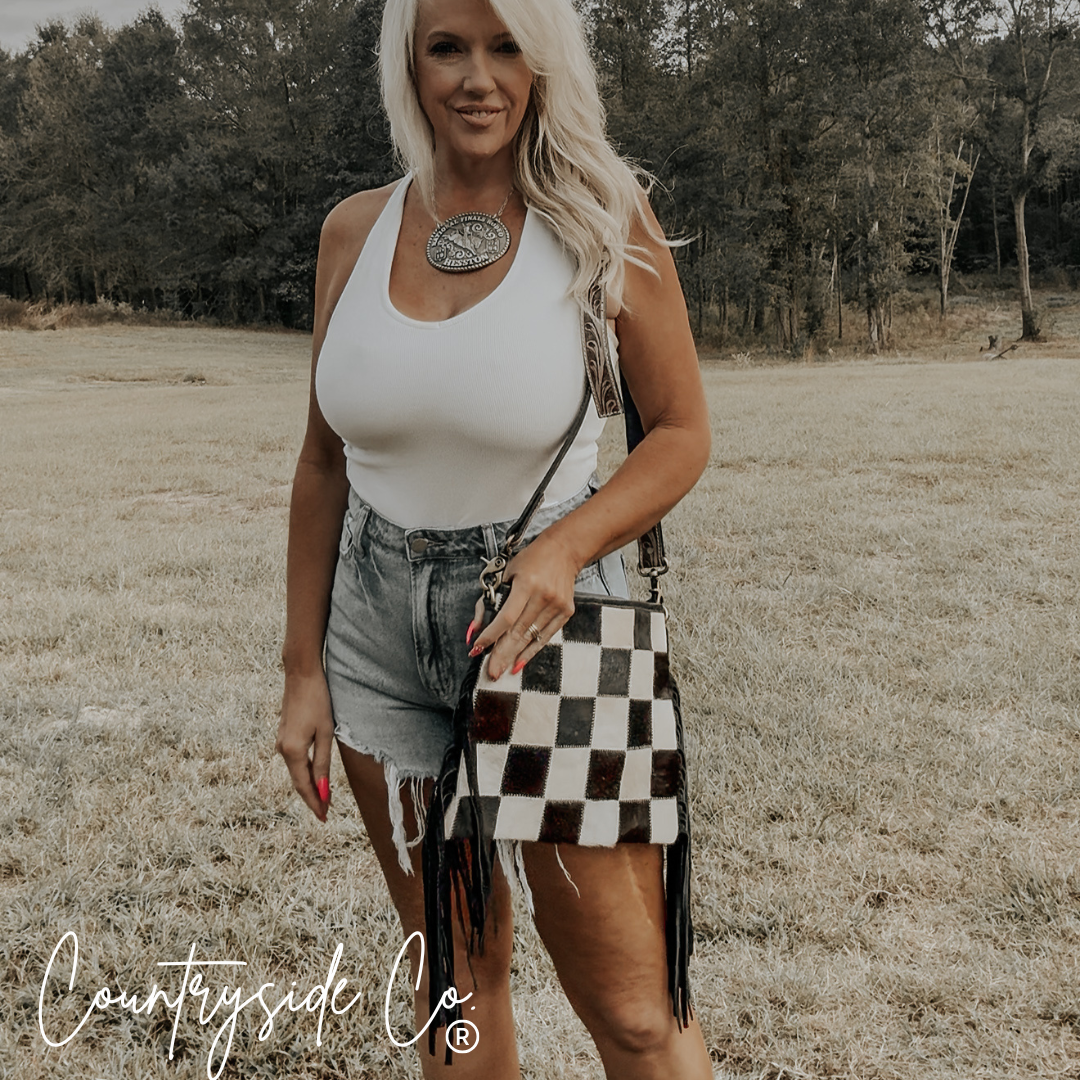 Rodeo Square Cowhide Checkered Purse