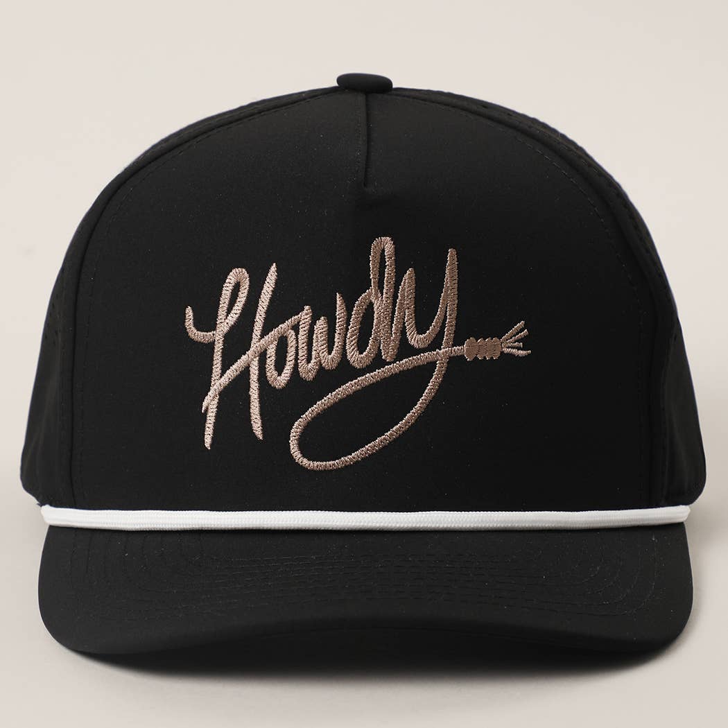 Howdy Embroidered Premium Materials Rope Strap Trucker Hat: BLACK/BEIGE / One Size