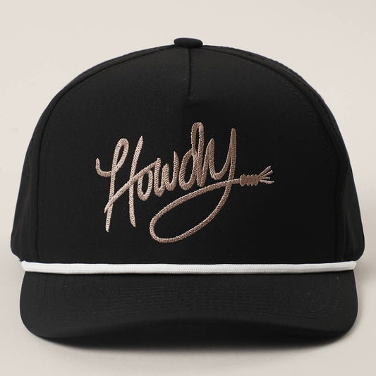 Howdy Embroidered Premium Materials Rope Strap Trucker Hat: BLACK/BEIGE / One Size