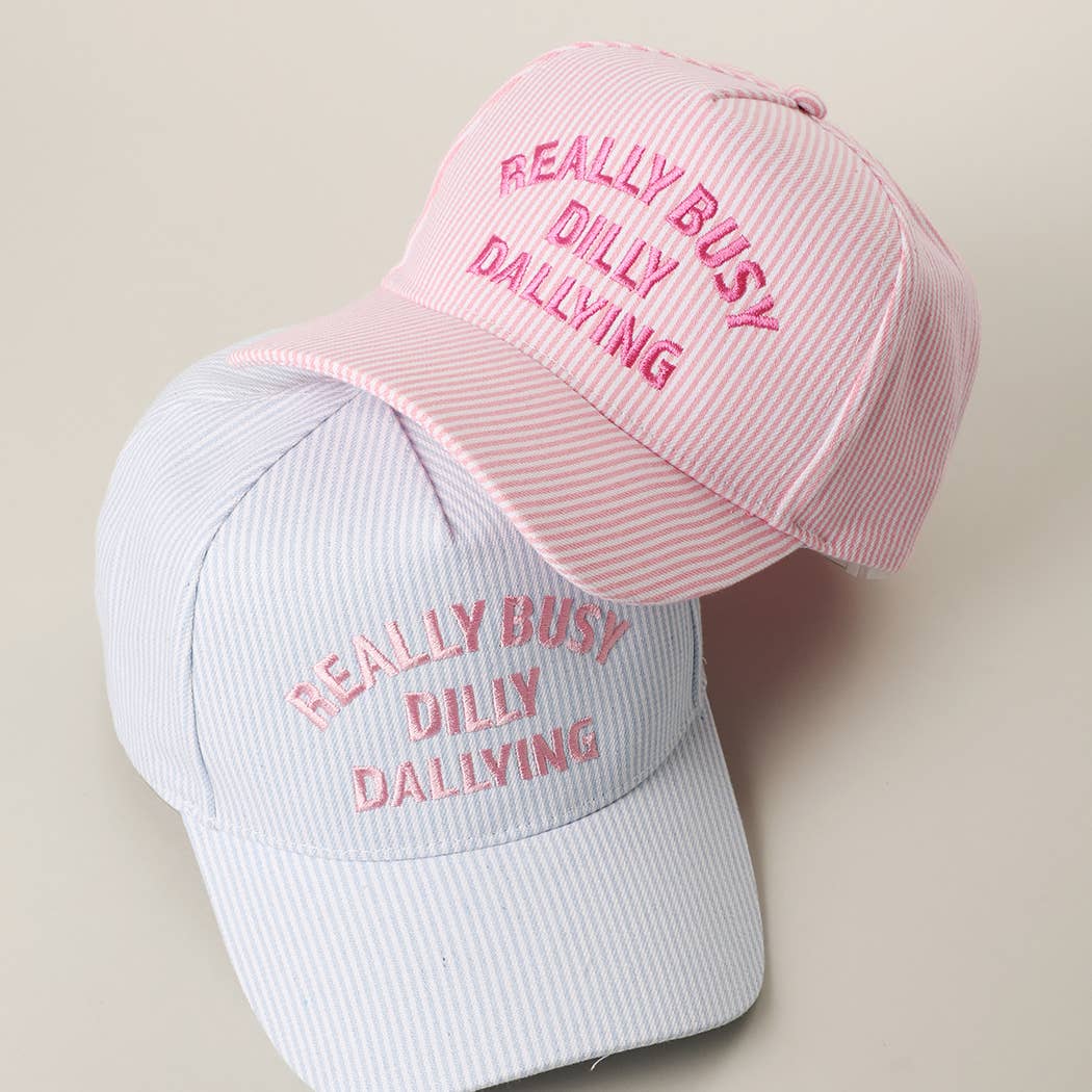REALLY BUSY DILLY DALLYING Embroidered Seersucker Stripe Hat: BLUE / ONE SIZE