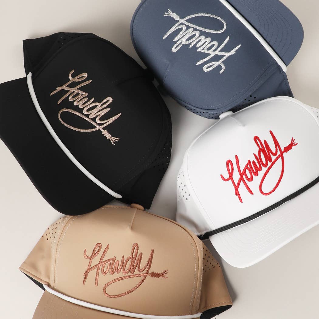Howdy Embroidered Premium Materials Rope Strap Trucker Hat: BLACK/BEIGE / One Size